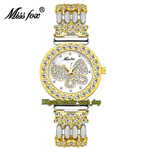 Missfox Eternity 2030 Досуг Мода Леди Часы CZ Diamonds Inlay Butterfly Pattern Dial Chardz Движение Женские Часы Сплав Чехол Браслет Два Тон