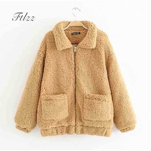 Faux Lambs Jacket Autumn Winter Women Casual Solid Long Sleeved Zipper Loose Short Coats Ladies Warm Outerwear Mujer 210525