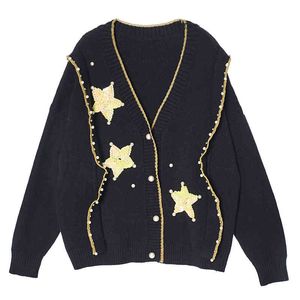 Ricamo pentagramma con paillettes nero maglione nero a manicotto lungo manicotto a v sul collo singolo cardigans sezione autunno M0217 210514