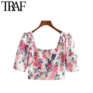 Women Chic Fashion Floral Print Cropped Blouses Vintage Puff Sleeve Side Zipper Female Shirts Blusas Tops 210507