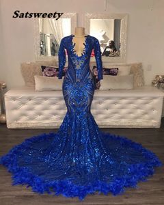 Sexy See przez długi rękaw Mermaid Prom Dresses 2021 V-Neck Royal Blue Cekinowe Afryki Czarne Dziewczyny Suknie Wieczorowe