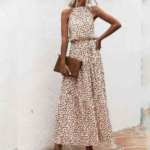 여름 섹시한 긴 드레스 여성 패션 민소매 인쇄 꽃 폴카 도트 고삐 Boho 드레스 여성 캐주얼 홀리데이 vestidos 210329