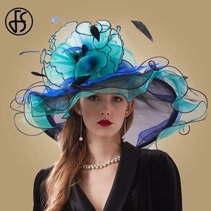 FS Różowy Organza Kentucky Derby Kapelusz Dla Kobiet Szeroki Brim Beach Duże Słońce Kapelusze Kwiaty Eleganckie Damskie Ślubne Kościół Party Fedoras 210323