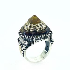 Cluster Rings Ottoman Art Dome Processing Amber Stone Sterling Silver Mens Ring