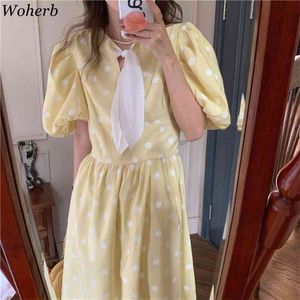 Vintage Süßes Kleid Frauen Sommer Robe Temperament Kontrastfarbe Spitze Bogen Vestidos Polka Dot Puff Sleeve Kleider 210519