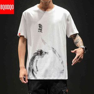 중국 스타일 티셔츠 남자 재미 있은 애니메이션 인쇄 O 넥 루스 블랙 화이트 힙합 코튼 티셔츠 남성 여름 streetwear 패션 티셔츠 G1222