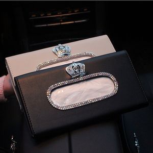 Fashion Crown Crystal Box Sun Visor Leather Auto Tissue Bag Sunvisor Hanging Holder Case Napkin For Car Accessories