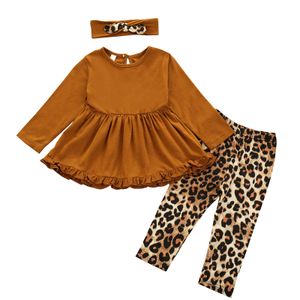 6m-4y höst våren spädbarn toddler barn baby tjejer kläder satt ruffles långärmad tunika leopardbyxor barnkläder 210515