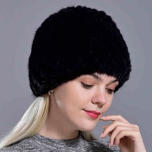 Winter Womens Mink kapelusze Naturalne prawdziwe dzianiny czapki modne puszyste panie prawdziwych czapki żeński czarne futro czapki