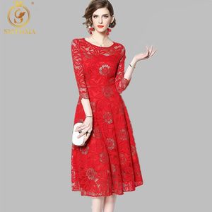 Alta Qualidade Moda Vermelho e Preto Dress Designer Feminino Mulheres Meia Manga Lace Longo Vestidos 210520