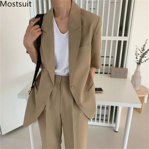 Lato Vintage Casual Koreańskie Kobiety Dwuczęściowe Garnitury Blazer Zestawy Krótki Rękaw + Wysoka Talia Szerokie Pasmy Noga Spodnie Outfits 210513