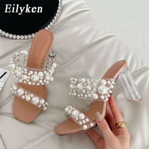 Eiluken Przezroczysty PCV String Buty Koralika Kobieta Moda Otwarte Palec Pantofle Kryształ Perspex Obcasy Slajdy Plaża Sandal Femme 210928