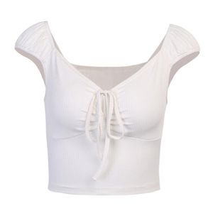 Damska koszulka Lato Lata V-Neck Lace Up Krążą Krótki Rękaw Slim Kobiet Solidne Słodkie Styl Plisowane Kobiety Top Seksowne Seksowne Crop Tops