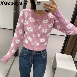 Mulheres Moda Cardigan Cardigan Floral Sweet Manga Longa O-Neck Único Breasted Sweater Jacket Loose Chic Top 210521