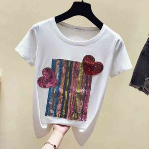 Summer Fashion Women O Neck Sequined Cotton T-shirt Kobiet Studentów Sweter Tee Topy A1219 210428