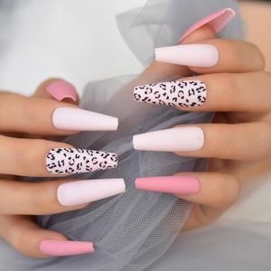 False Nails Matte Pink Press On Ballerina Long Tapered Acrylic Fake With Designs Leopard Pattern Coffin Solid Color Nail