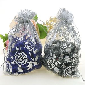 Wholesale 100pcs/lot 17x23cm Silver Rose Christmas Wedding Drawable Organza Voile Gift Packaging Bags&Pouches