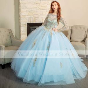 スウィート卒業ローブスカイブルーvestidos Quinceanera Dress 2021レースアップリケ長袖ボールウエディングガウン