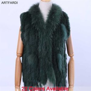 Kvinnors Lady äkta riktiga stickade kaninpälsvästar Tassels tvättbjörn päls trimning krage waistcoat päls ärmlös gilet 211018