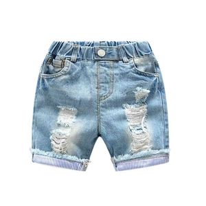 Kid Ripped Jeans Shorts Boy Girl Summer Bomull Ruffle Hole Distressed Stoashed Cowboy Byxor Kläder Barn 210723