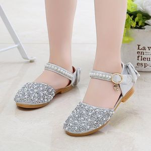 Sandals Summer Girls Shoes Pearls Bling Princess Bead Ankle Strap Round Toe Kids Leather Back Bowtie Wedding Dancing