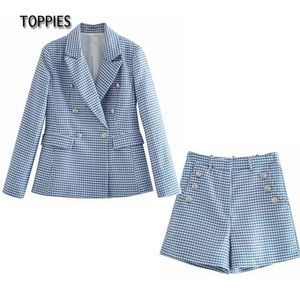 Letnie Szorty Zestaw Garnitur Kobieta Plaid Blazer i Wysoka Talia Conntos de Mujer Ladies Rozrywka Dwa kawałek 210421