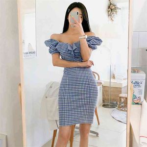 Summer Blue Plaid Dresses Ladies Korea Sexig Lantern Sleeve Slash Neck Polyester Mini Party för Women 210602