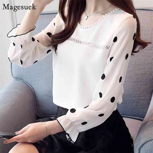 Moda Tatlı Kadın Bluz Sonbahar Uzun Kollu Şifon Beyaz Gömlek Polka Dot Casual Zarif S Shirt Blusas D383 210512