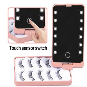 Lady Folding LED Portable Makeup Spegel med Lashe Fack 5 Par / Ställ Falskalashor Förpackning Box Touch Sensor 12 Lights Cosmetic Speglar Väska för smink