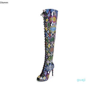 Boots Olomm Handmade Women Summer Over The Knee Stiletto High Heel Peep Toe Snake Pattern Casual Shoes US Size 5-15