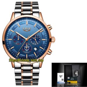 LIGE eternity LG9877 Sport Mens Watches Date Blue Dial Japan VK Quartz Chronograph Movement Men Watch Steel Case Rose Gold Bezel Two Tone Stainless Bracelet