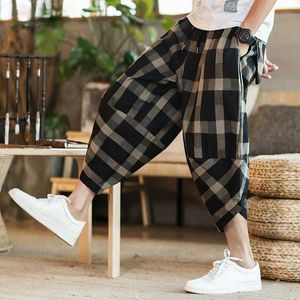 Men Cotton Linen Harem Ankle-Length Pants Jogger Trousers Casual Track Loose Plaid Style Bloomers Fashion Trousers X0723