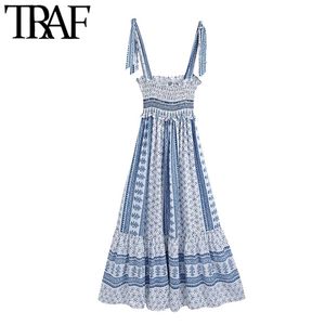 Women Chic Fashion Smocked Printed Midi Strappy Dress Vintage Bow Tie Straps Ruffled Hem Female Dresses Mujer 210507