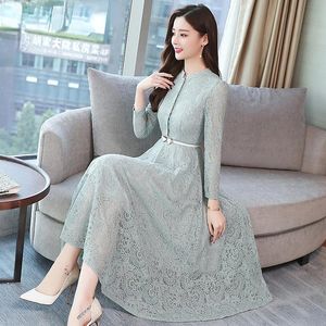 Casual Dresses 2021 Höst Plus Storlek Vintage Lace Midi Kvinnor Elegant Bodycon Black Maxi Dress Party Långärmad Runway Vestidos Mujer