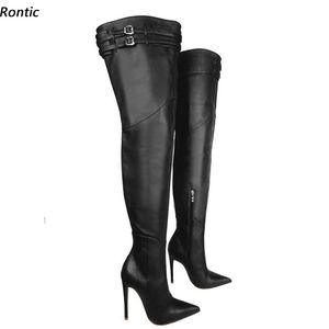 rontic 이탈리아 패션 여성 봄 허벅지 부츠 스틸 레토 하이힐 뾰족한 발가락 예쁜 검은 핑크 레드 파티 신발 미국 크기 5-15