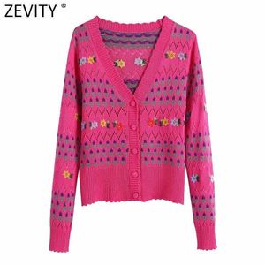 Zevity Women Fashion V Neck Floral Broderi Hollow Out Crochet Stickad Sweater Kvinna Chic Långärmad Cardigan Tops SW832 210603