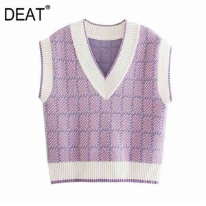 [Дикс] Весна осень мода решетка V-образным вырезом без рукавов вязание вязание свободные пуловеры свитер жилет 13C443 210527