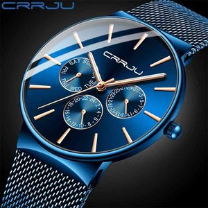 Crrju Mensは週と24時間のディスプレイと古典的なビジネス防水多機能のフルスチールベルトの腕時計210517