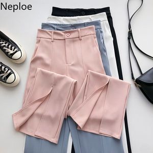 NEPLOE Koreanska Wide-Benbyxor Kvinnors Vår Hög Midja Split Straight Byxor Mode Solid Färg Pantalon Nya Bottoms 210422