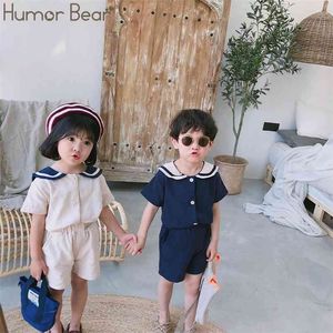 Japanese And Korean Style Kids Sailor Collar Cotton Linen T-shirt+Pants 2Pcs Summer Clothes Sets Cute Boys Girls suit 210611