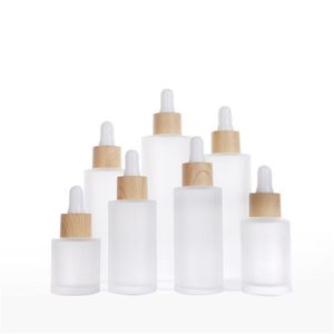 Flacone di vetro per olio essenziale smerigliato Contenitore per flaconi contagocce a spalla piatta cosmetico con tappo di bambù imitato 20ml 30ml 50ml 60ml 100ml 120ml