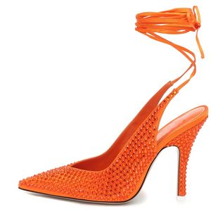 Women s Rhinestone Sandals fashion show stilettos with pointed toes Size orange