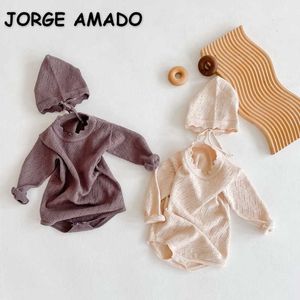 Primavera menina bodysuit cor sólida mangas compridas suéter jumpsuit com tampa crianças nascidas estilo bonito roupas e2110 210610