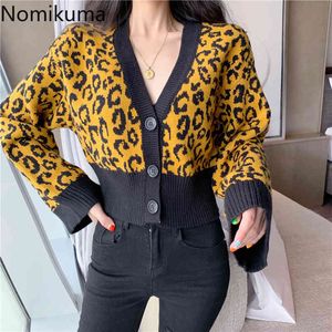 Nomikuma Höst Koreansk Leopard Kontrastfärg Stickad Cardigan Kort V-Neck Causal Knitwear Jacka Ny tröja COAT 6C048 210427