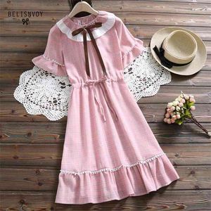 Mori Girl Sweet Dress Ruffles Kvinnor O-Neck Kortärmad Plaid Vintage Bomull Aprikos Blå Rosa Klänningar Kvinna Kawaii Kläder 210520