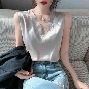 Wwenn Letnia Tank Topy Koronki Patchwork Camis Satynowe Top Kobiety Camisole Sexy Kamizelka Bez Rękawów Biała okrągła szyja luźna 210507