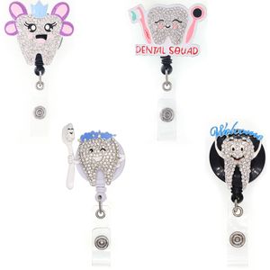 Newest Key Rings Tooth Dentist Crystal Rhinestone Medical Doctor ID Badge Holder Retractable Reel For Nurse Gift Decoration