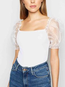 Organza Spruff Sleeve Splice Mulheres t - shirts Preto Branco Quadrado Coleira Fêmea Tops Tops Verão Casual Moda senhora Camisetas 210518