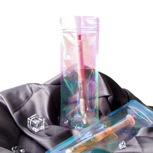 100PCS Pink Clear Flashing Gift Bag Long Plastic Laser Zipper Sack Plastic Makeup Brush Watch Jewelry Package Colorful Bag 210724