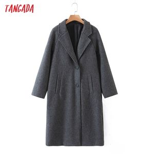 Tangada Women Winter Gray Thick Woolen Coats With Button Loose Long Sleeves Pocket Ladies Elegant OverCoat 2Z18 211106